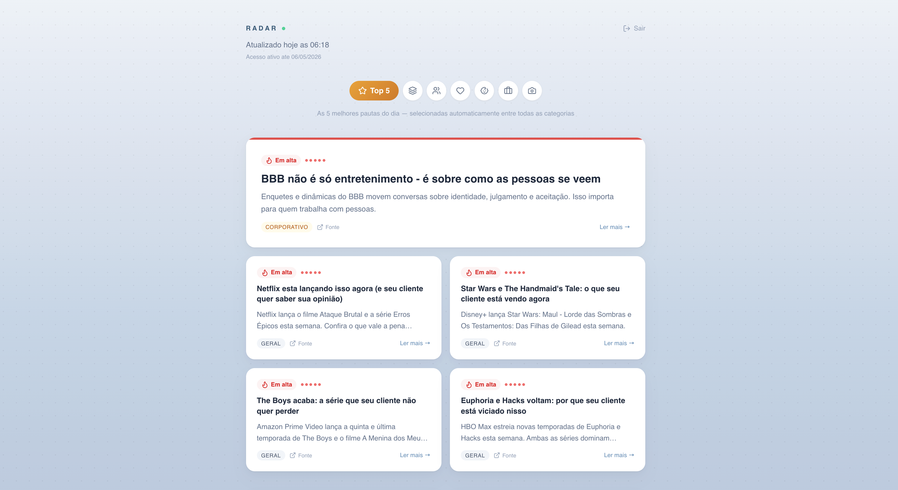 Interface real do Radar — painel com pautas e tendências para fotógrafos